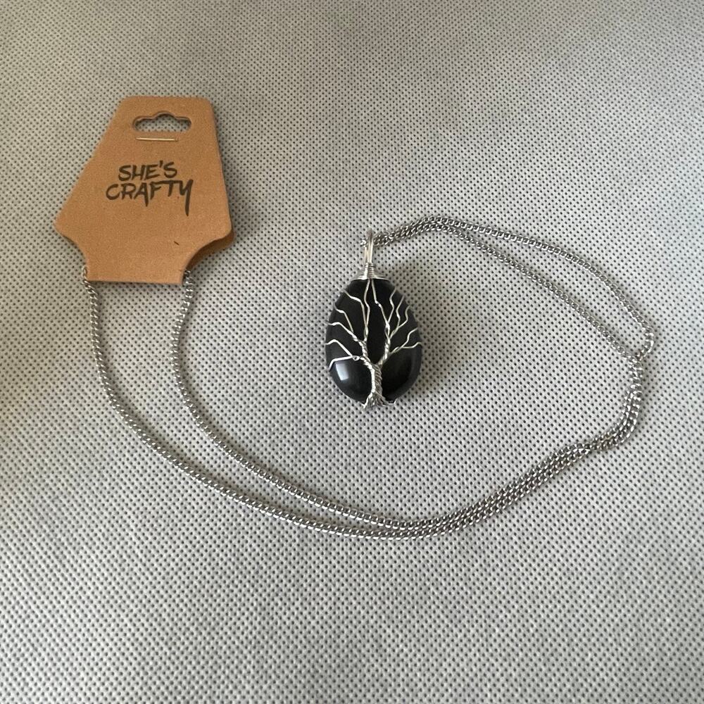 Tree Of Life Necklace Teardrop Obsidian & Stainless Steel